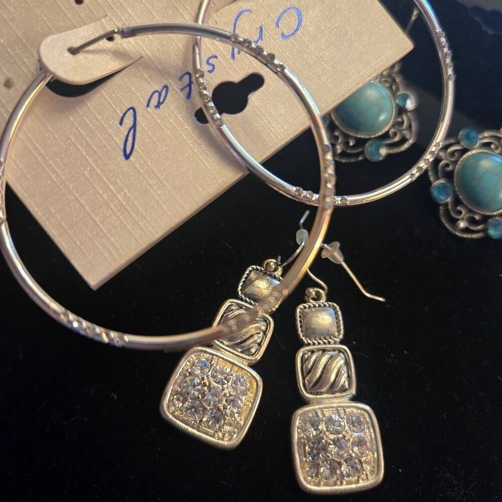 Hoops, Turquoise Rhinestone & Silver Rhinestone Earrings ALL - Picture 2 of 6